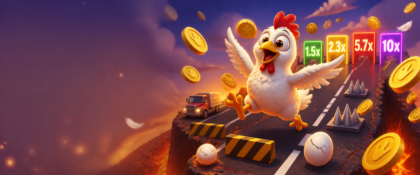 Bright promotional banner featuring the Chicken Road game with playful road theme, chickens, road lanes, and arcade energy.