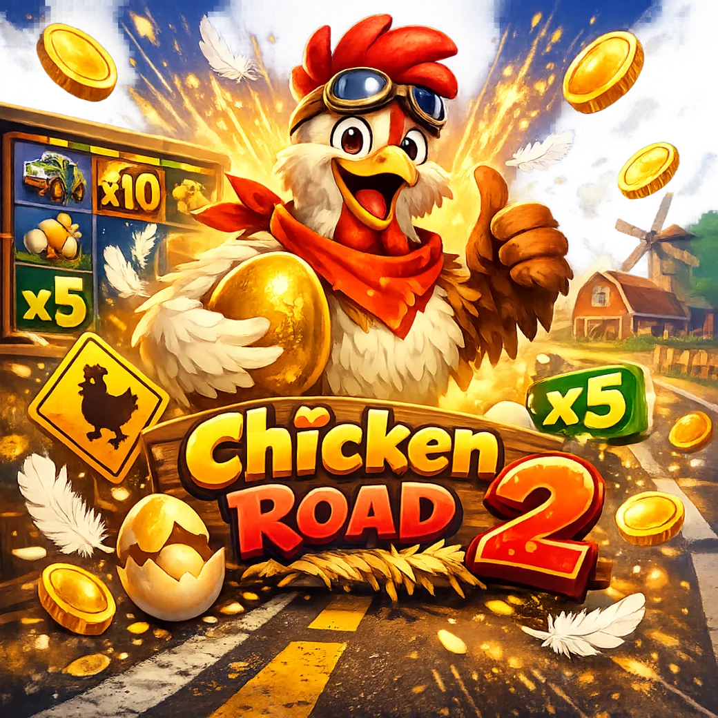 Dynamic promo image featuring a humorous chicken on a road with eggs, feathers, and coins for Chicken Road slot game.